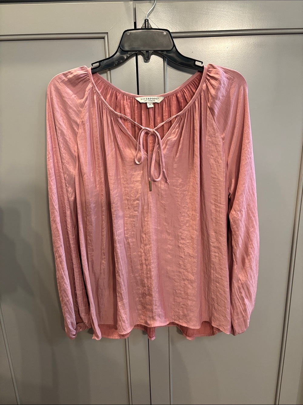Liverpool Los Angeles peasant-style blouse in a crinkled dusty pink satin fabric